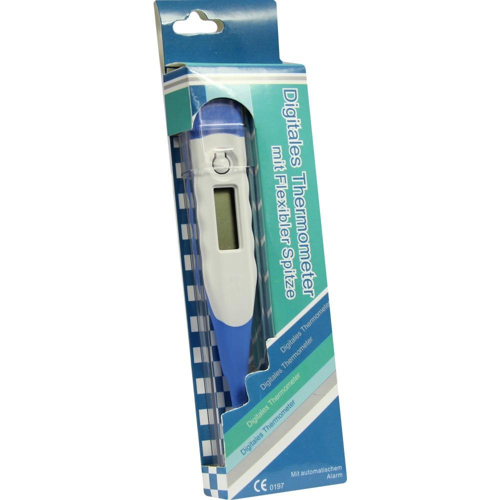Verpacktes digitales Thermometer mit flexibler Spitze und blau-weißem Design.