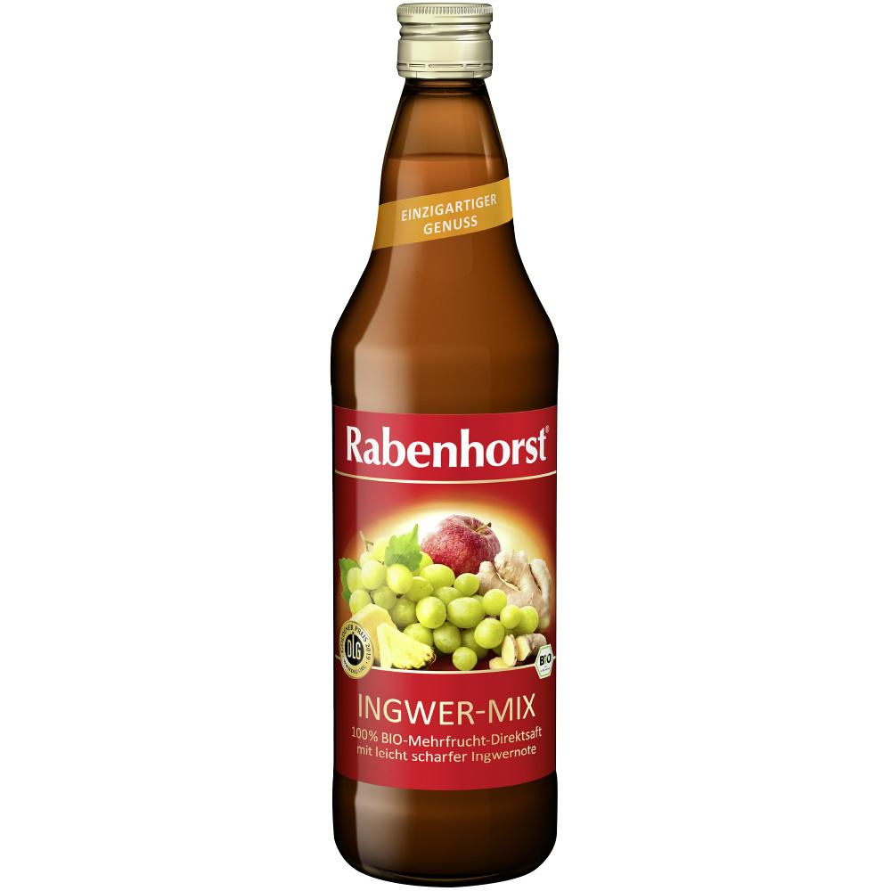 Braune Flasche mit Ingwer-Mix-Saft von Rabenhorst und Bild von Früchten.